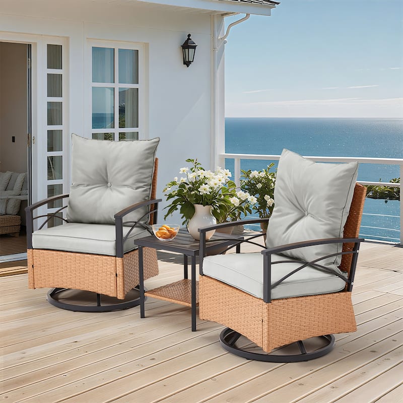 EROMMY 3-Piece Outdoor Rocking/Swivel Chair Set - PE Rattan Patio Furniture with Cushions & Coffee Table, Rocker Chairs - Swivel Chair - Grey