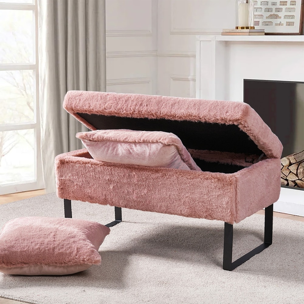 Heavy FauxFur Storage Ottoman with 2 Pillow Set