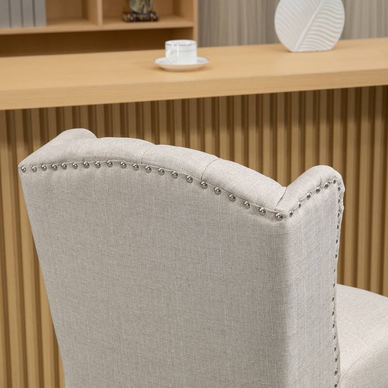Set of 2 Beige Linen Counter Bar Stools with Foam Cushion and Rubber Wood Legs Footrest - 19.25"W x 23"D x 41"H
