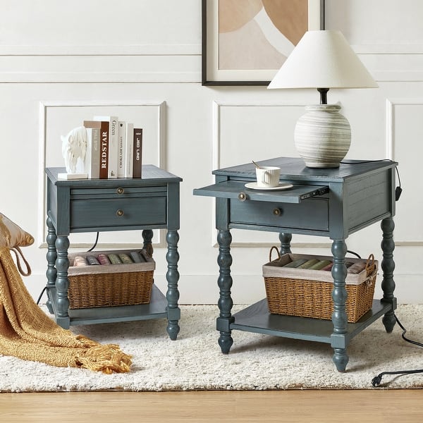 slide 2 of 24, Eric Traditional 26" Tall Solid Wood End Table with Built-in Charging Station and Extendable Tray Set of 2 by HULALA HOME