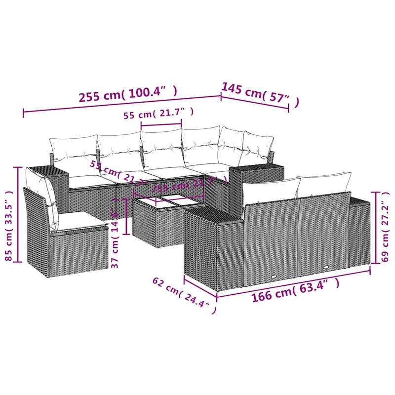 vidaXL 8/9 Piece Patio Sofa Set with Cushions Black/Brown/Gray Poly Rattan - 24.4 x 24.4 x 27.2