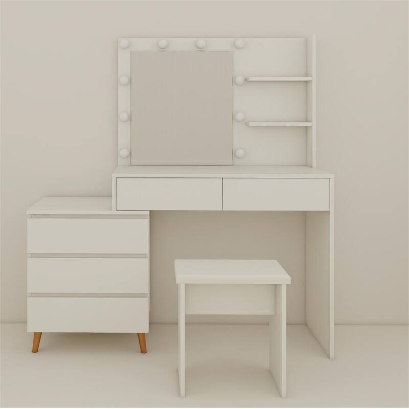 LED Light Makeup Vanity Table w/ Mirror,Drawers,Stool and Compartments