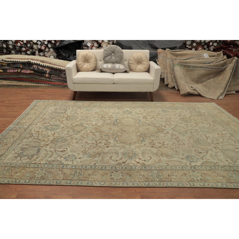 Hand Knotted Oriental 100% Wool Carpet Traditional Floral Beige & Ivories Tabriz Area Rug - 10' 8'' X 7' 5''