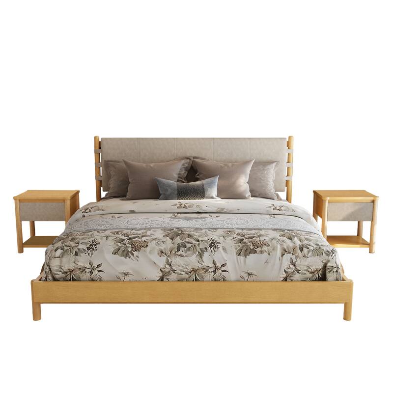 Roomfitters Platform Bed Set with 2 Nightstands, Modern Wood Frame and Matching Bedside Tables