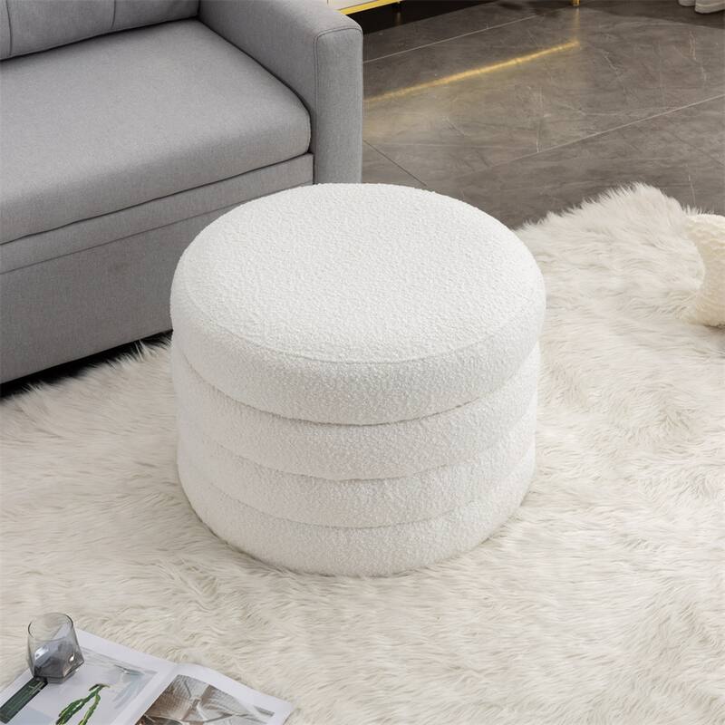 Fabric Storage Round Ottoman Footstool with Wooden Shelving