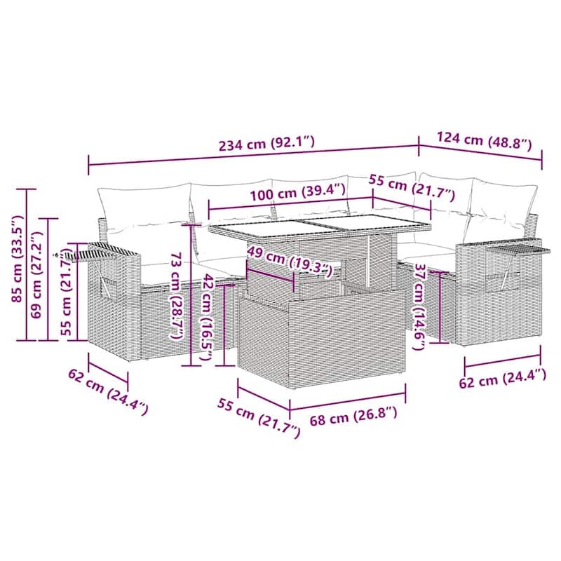 vidaXL 6 Piece Patio Sofa Set with Cushions Black/Brown/Gray Poly Rattan