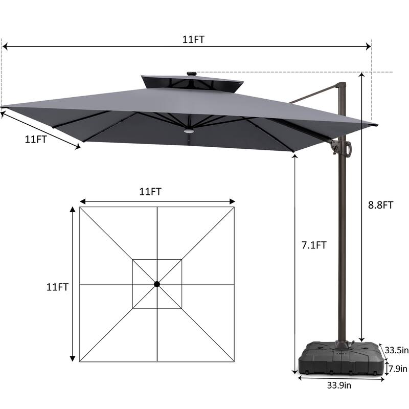 11 FT Square Outdoor Patio Cantilever Umbrella with Solar Lights All-Weather Wheeled Base Double Canopy 360 Rotation Tilt