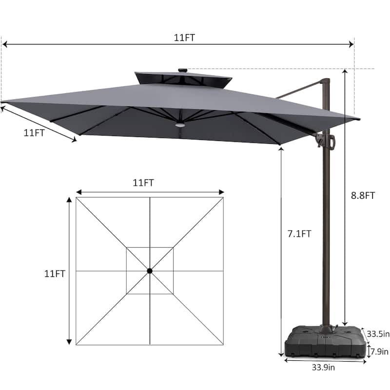 Pellebant 11X11 FT Outdoor Square Cantilever Patio Umbrella Solar LED Lighted with HDPE Base