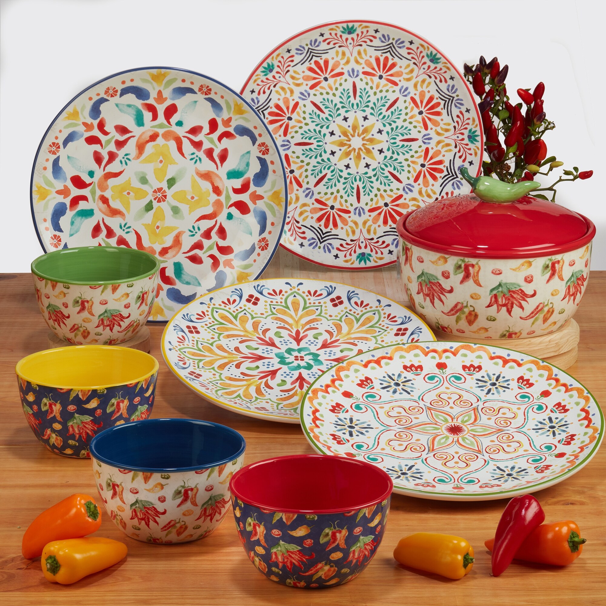 Set of 4 Brown Off-White Floral Traditional Round Ceramic 4 Piece Dishwasher Safe Microwave Rooster 8.5-inch Salad/Dessert Plates 