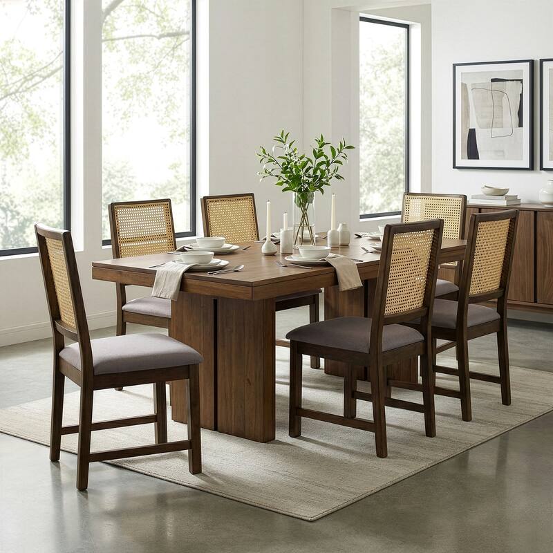 Set of 2 Baines Gray Fabric Dining Chair with High Rattan Back and Walnut Wood Legs