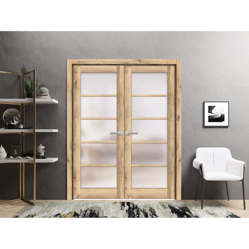 SartoDoors Quadro 4002 | Interior French Doors Double French | Solid Wood w/ Glass | Slab Only | 36x80, Oak