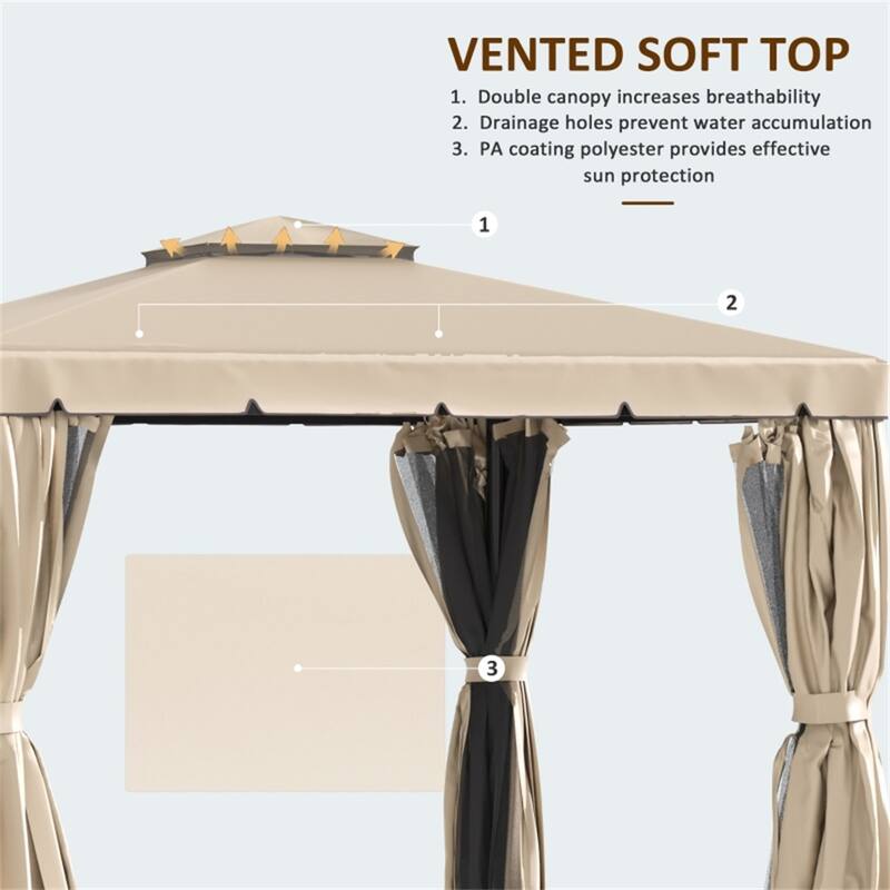 Khaki Aluminum Steel Polyester Outdoor Gazebo Tent with Mesh and Curtains