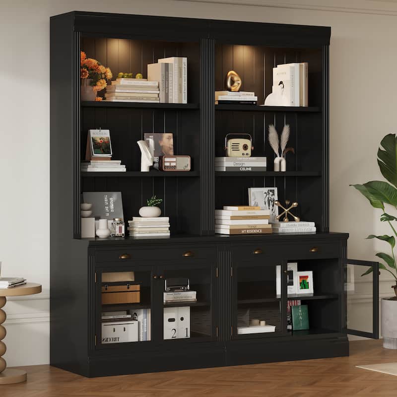 83.4" Modern Bookshelf Suite with LED Lights, Glass Doors, Drawers & Open Shelves, 2-Piece Storage Bookcase Set for Home Office - Black