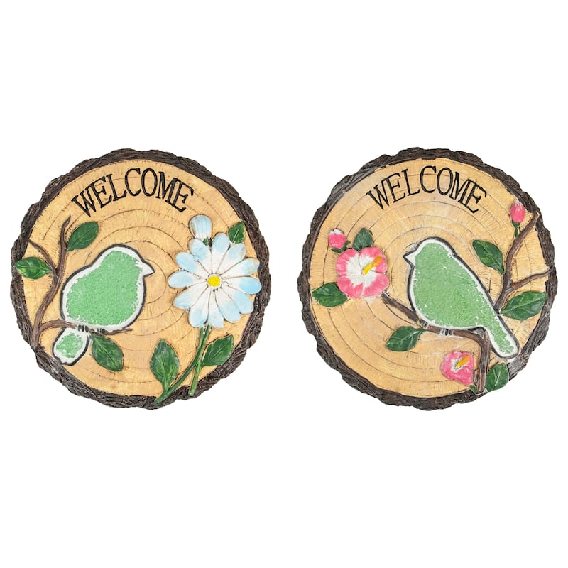 Set of 2 Welcome Birds Outdoor Floral Garden Stones 11"