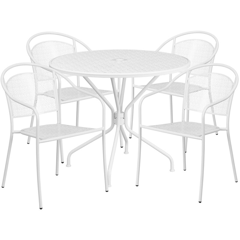Shop Sterling Round 35 25 White Indoor Outdoor Steel Table Set W 4 Round Back Chairs For Restaurant Bar Pub Patio Overstock 15869030