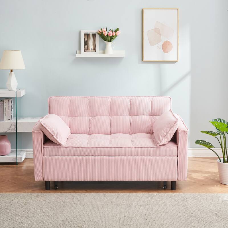 55" 3-in-1 Double Pull-Out Sofa Bed for Living Room - Corduroy - Pink