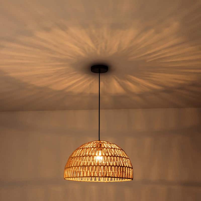 1-Light Modern Farmhouse Bohemian Round Hand-Woven Rattan Flush Mount Light Dome Pendant Light