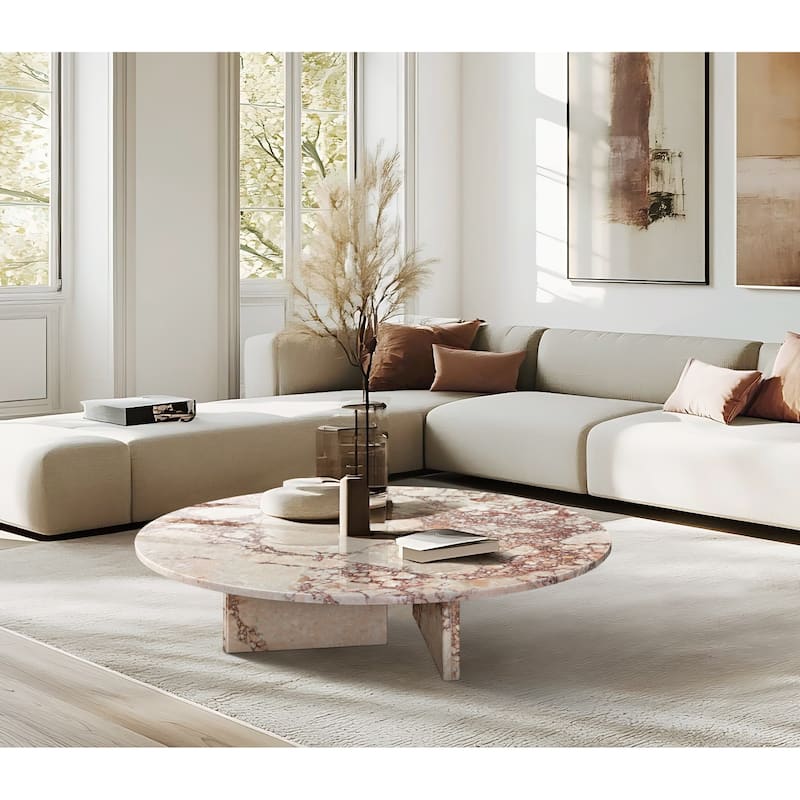 Roomfitters Natural Marble Coffee Table, Round Living Room Table, Solid Stone Modern Center Table, Genuine Marble - Pink