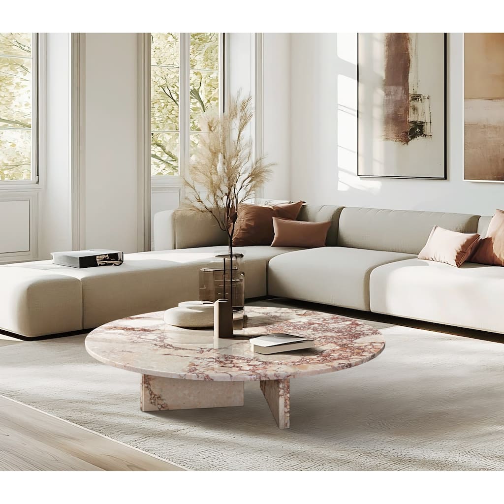 Roomfitters Natural Marble Coffee Table, Round Living Room Table, Solid Stone Modern Center Table, Genuine Marble