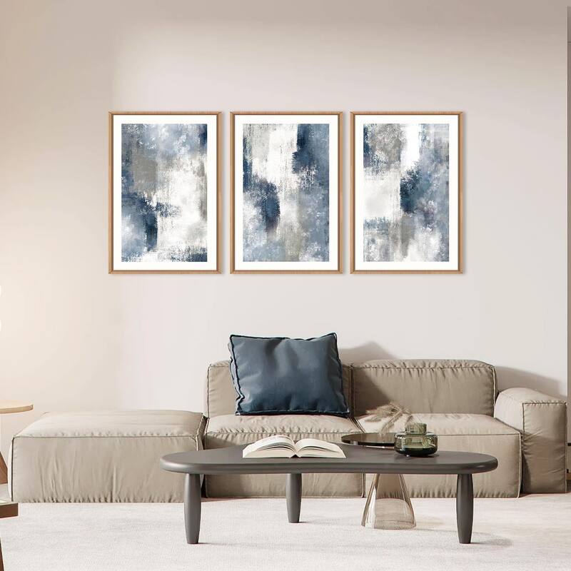 Abstract Navy Blue Gray Framed Canvas Wall Art Set