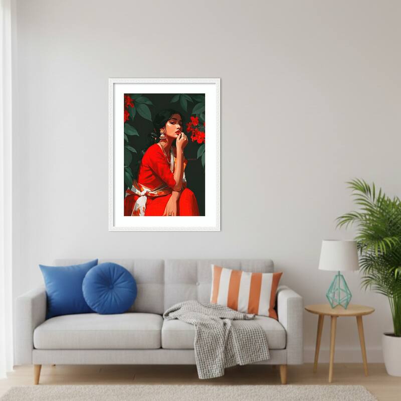 Indian Woman Red Traditional Dance Pose Elegant Teal by Tradelink inhouse artist Wood Framed Wall Art Print