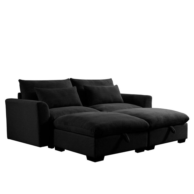 Corduroy Loveseat Sofa Couch with Storage Ottomans, Modern Sectional 2 Seater Sofa with Deep Seat, Pillows for Small Spaces