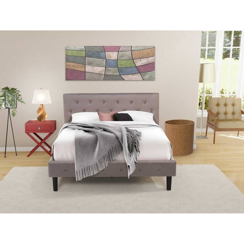 2 Piece Bed Set - Velvet Upholstered Platform Bed & Nightstand - Button Tufted Design