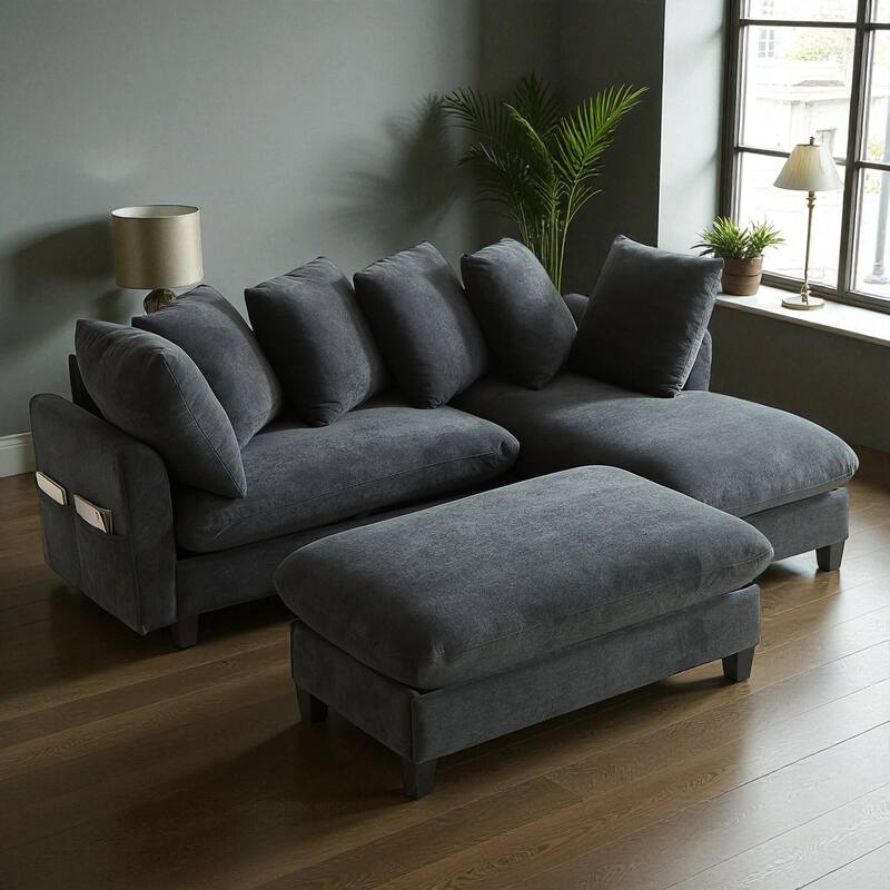 83" L-Shaped Sectional Sofa with Storage Seats Movable Ottoman Curved Armrests Chenille Couch with 6 Pillows - Black