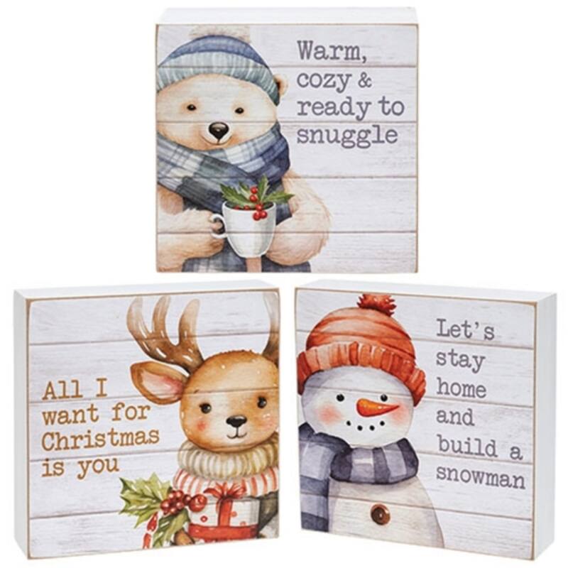 White Wooden Winter Animal Box Signs with Christmas Quotes Decor, 3 Asstd - 6 x 1.5 x 6 in. - White