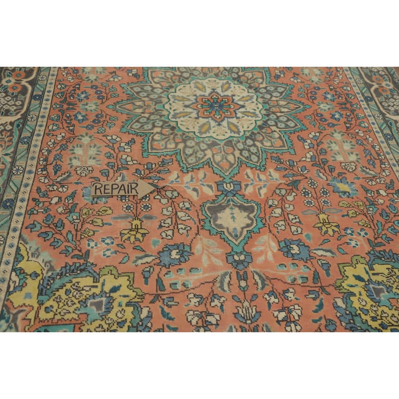 Hand Knotted Oriental 100% Wool Carpet Traditional Medallion Coral Tabriz Area Rug - 9' 9'' X 6' 3''