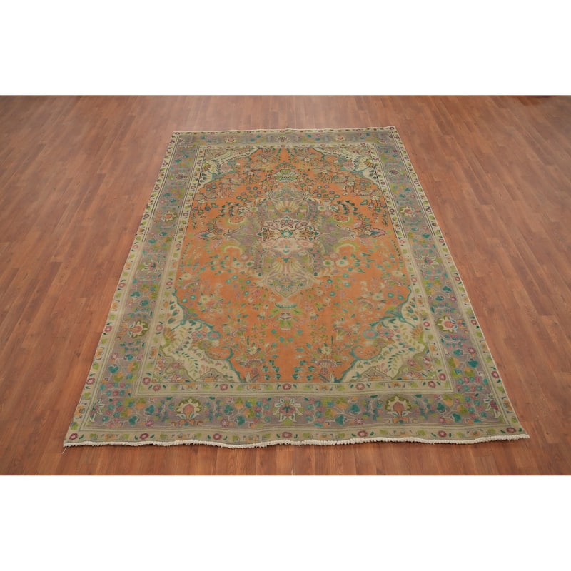 Hand Knotted Oriental 100% Wool Carpet Traditional Floral Oranges & Rust Tabriz Area Rug - 9' 2'' X 6' 6''