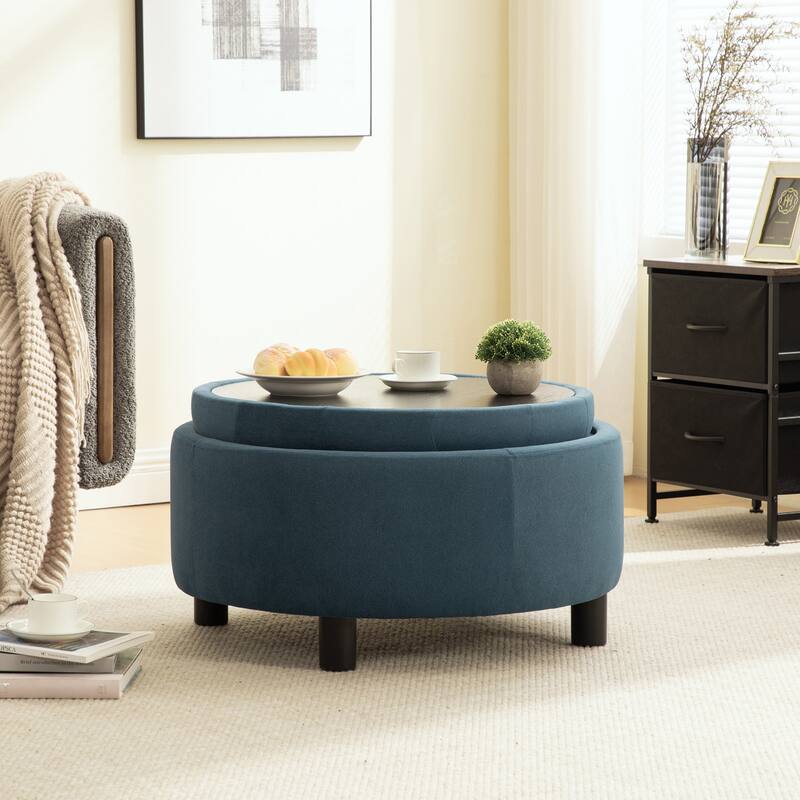 29.33"W Upholstered Round Ottoman With Reversible Lid,Fleece Fabric Storage Stool,Hand-pulled buckle decoration Design Footstool