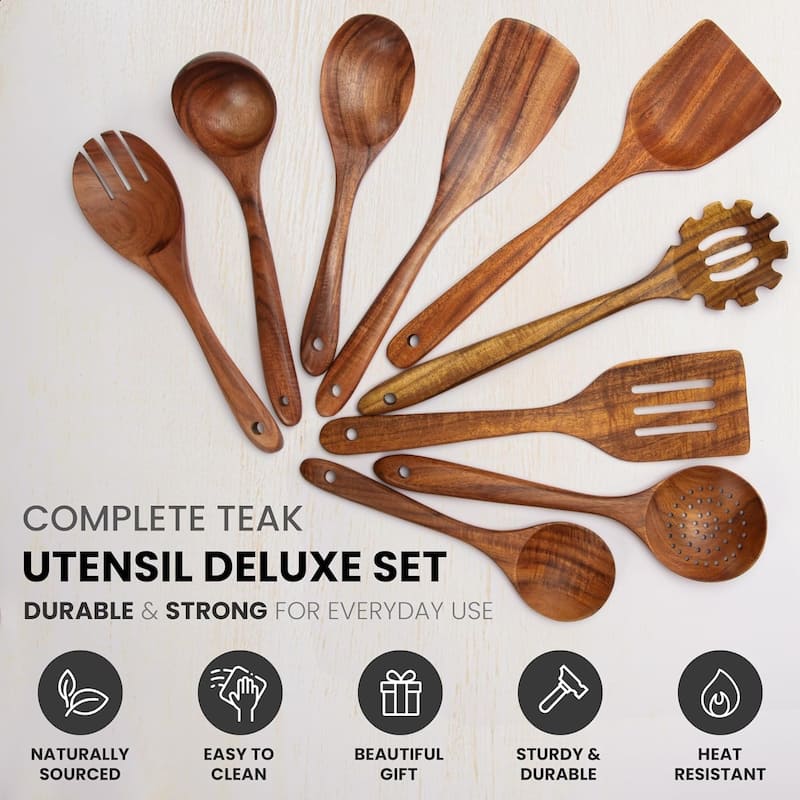 9-Piece Teak Wooden Utensils for Cooking