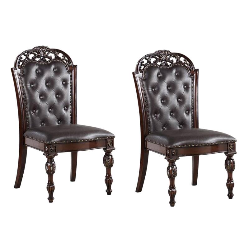 Eva Side Dining Chair Set of 2, Rivet Trim, Brown Tufted Faux Leather