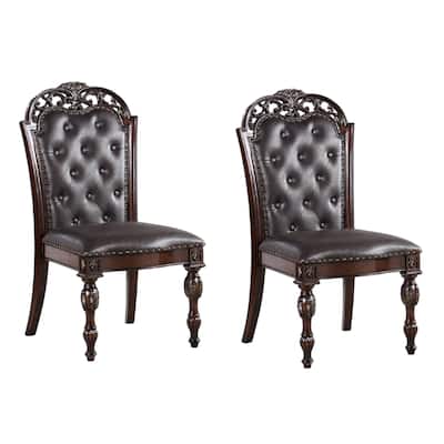 Eva Side Dining Chair Set of 2, Rivet Trim, Brown Tufted Faux Leather