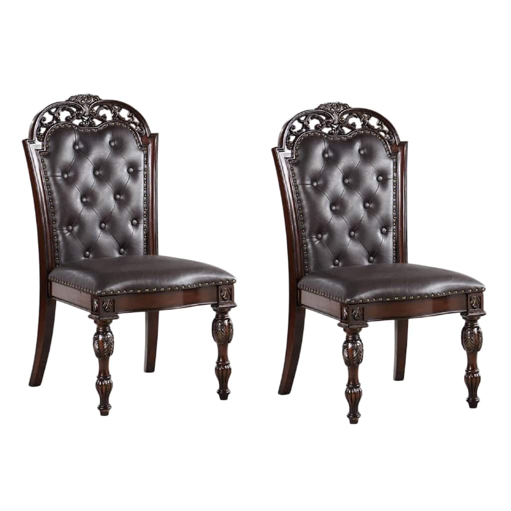 Eva Side Dining Chair Set of 2, Rivet Trim, Brown Tufted Faux Leather
