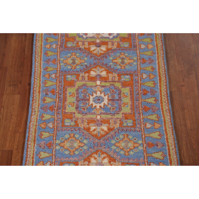 Blue Geometric Heriz Serapi Style Runner Rug Handmade Wool Carpet - 2'5" x 7'11"