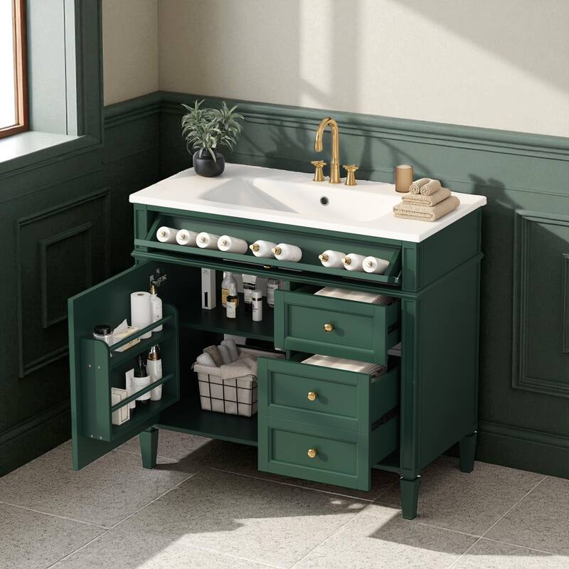 36 Inch Bathroom Vanity with Sink, Freestanding Cabinet with 2 Drawers, Tip-Out Drawer, Soft-Close Door & Resin Basin