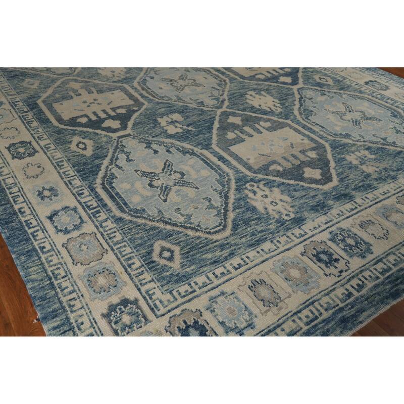 Hand Knotted Oriental 100% Wool Carpet Transitional All-Over Navy Blue & Blues Oushak Area Rug - 12' 7'' X 9' 5''