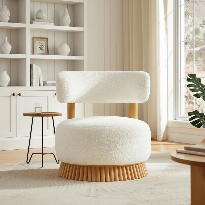 Modern Farmhouse Bouclé Armless Chair with Straw-Inspired Wood Base by Harper&Bright Designs