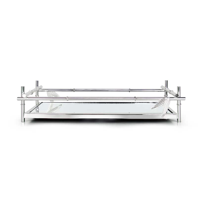 Silver Bamboo Style Rectangle Metal Mirror Decorative Tray Serving Platter - 13.25" L x 8.5" W x 3" H - SIlver