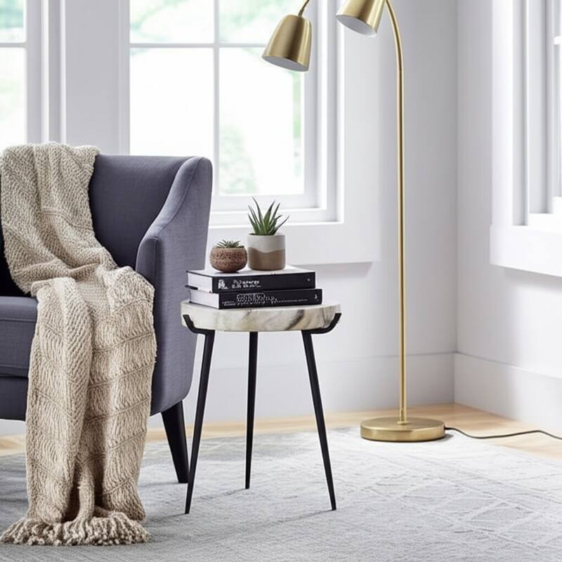 Marble Metal Side Table Modern Sleek Narrow Slender Legs - 21" White - 21.0" - Marble - 21.0" - White