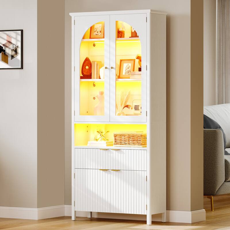Moasis 72" Modern LED Bookshelf 6-tier Bookcase with Arched Glass Doors and Drawer