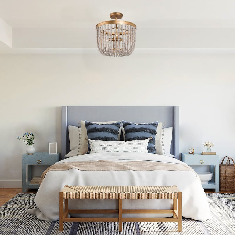 Cotia Boho Modern Glam 3-Light Wood Beads Semi-flush Mount Ceiling Lights Gold Chandelier - D14"*H15.5"
