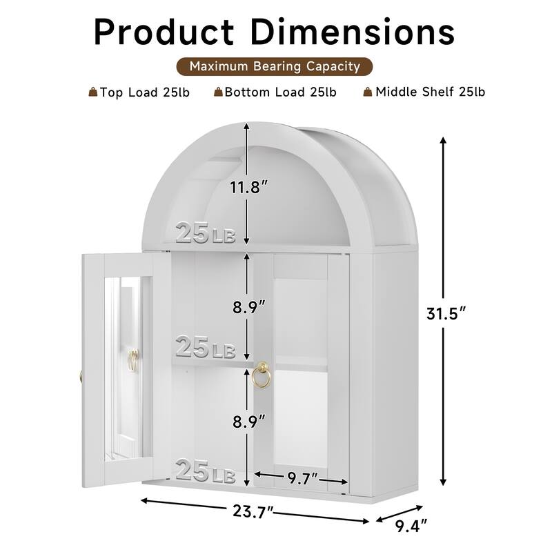 Wall Mounted Arched Cabinet with Glass Doors, Light and Adjustable Shelves for Laundry Room, Bathroom, Kitchen