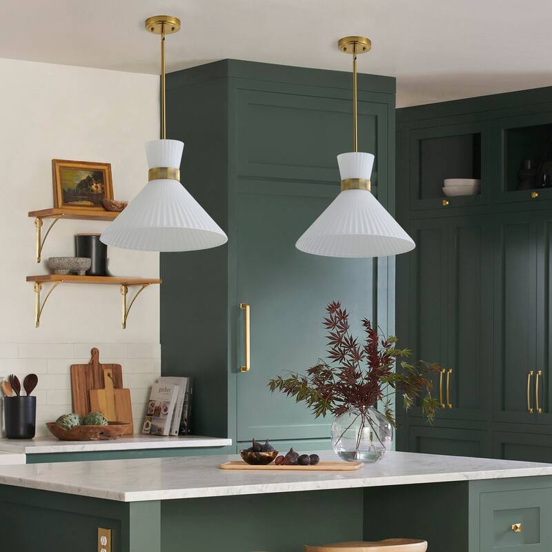 Modern LED Brass Pendant Light White Jade Glass Cone Shade