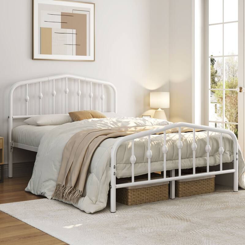 Yaheetech Bed Frame with Arched Headboard Modern Metal Bed Frame with Heavy Duty Slat Support - White - Full