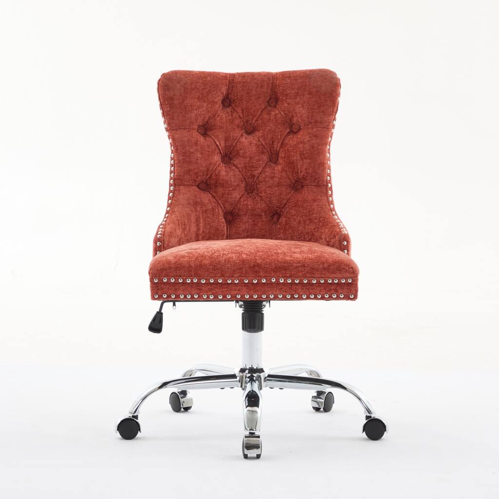 Modern Chenille Upholstered Tufted Button Office Chair with Metal Base, Adjustable Desk Chair Swivel Office Chair, Orange