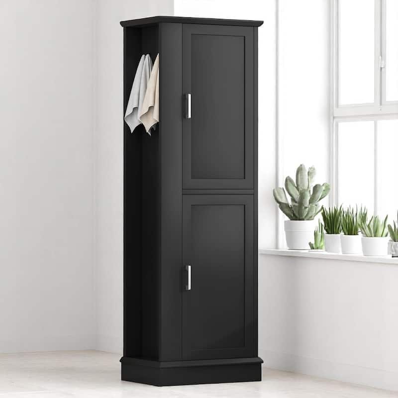 Freestanding Bathroom Storage Cabinet with 2 Doors, Adjustable Shelves, Side Towel Hook, White MDF Unit - Black