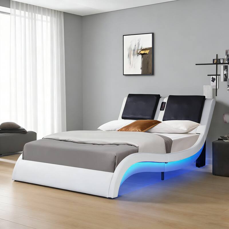 Queen Faux Leather Upholstered Platform Bed Frame with LED lighting, Bluetooth connection to play music control